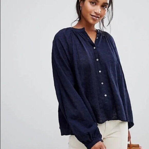 Free People Down From The Clouds Black Eyelet Peasant Romantic Boho Blouse Top L - Picture 1 of 17